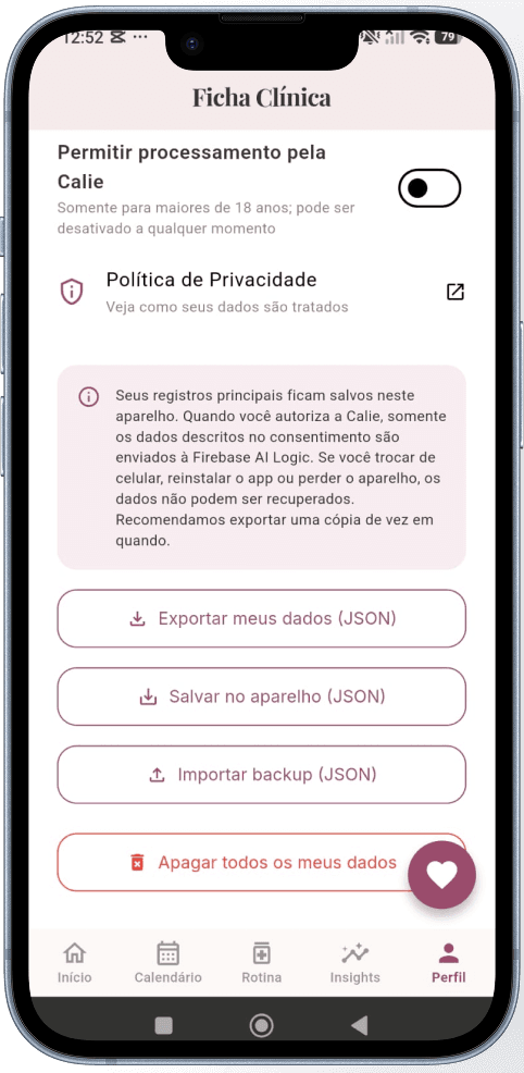 Tela de insights do HerCalida